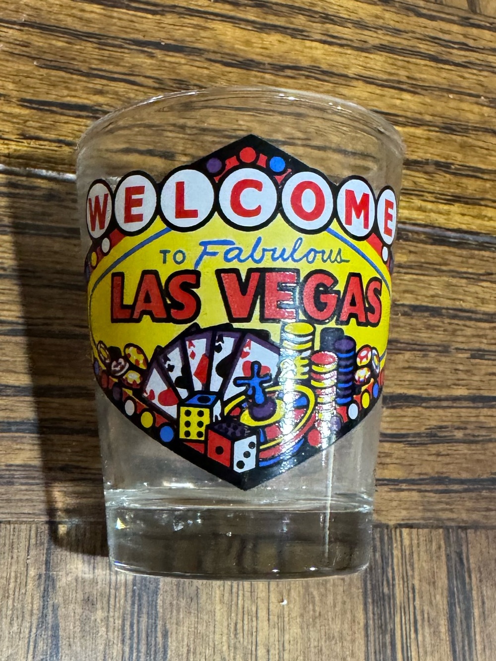 Las Vegas Welcome Shot Glass - Yellow and Red Casino Graphic